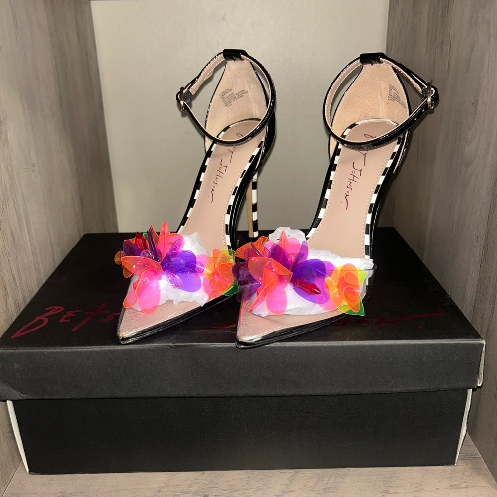 Betsey Johnson Black Heels with Colorful Floral Accents